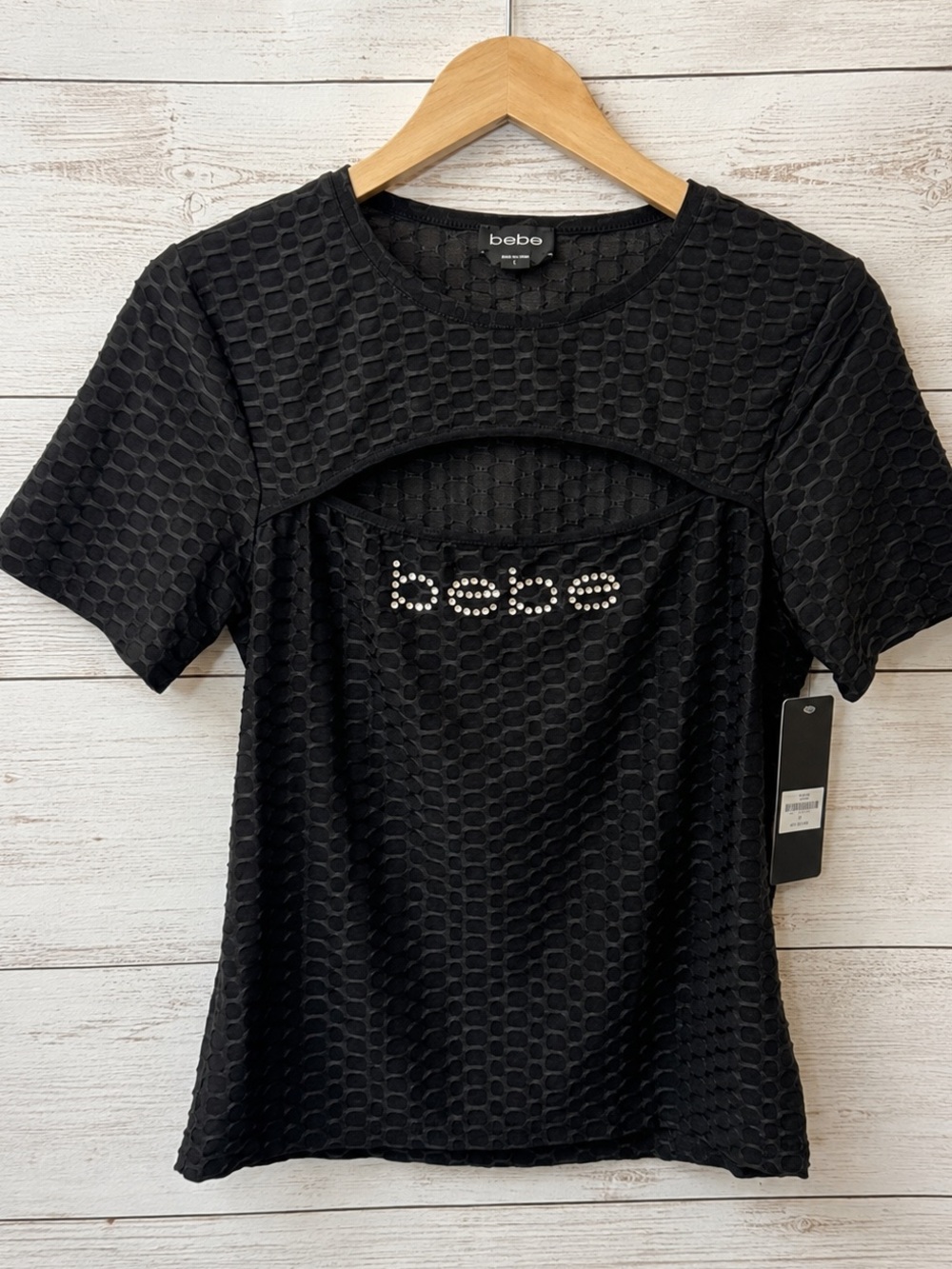 bebe NWT Rhinestone Peek-a-Boo Textured Tee Large